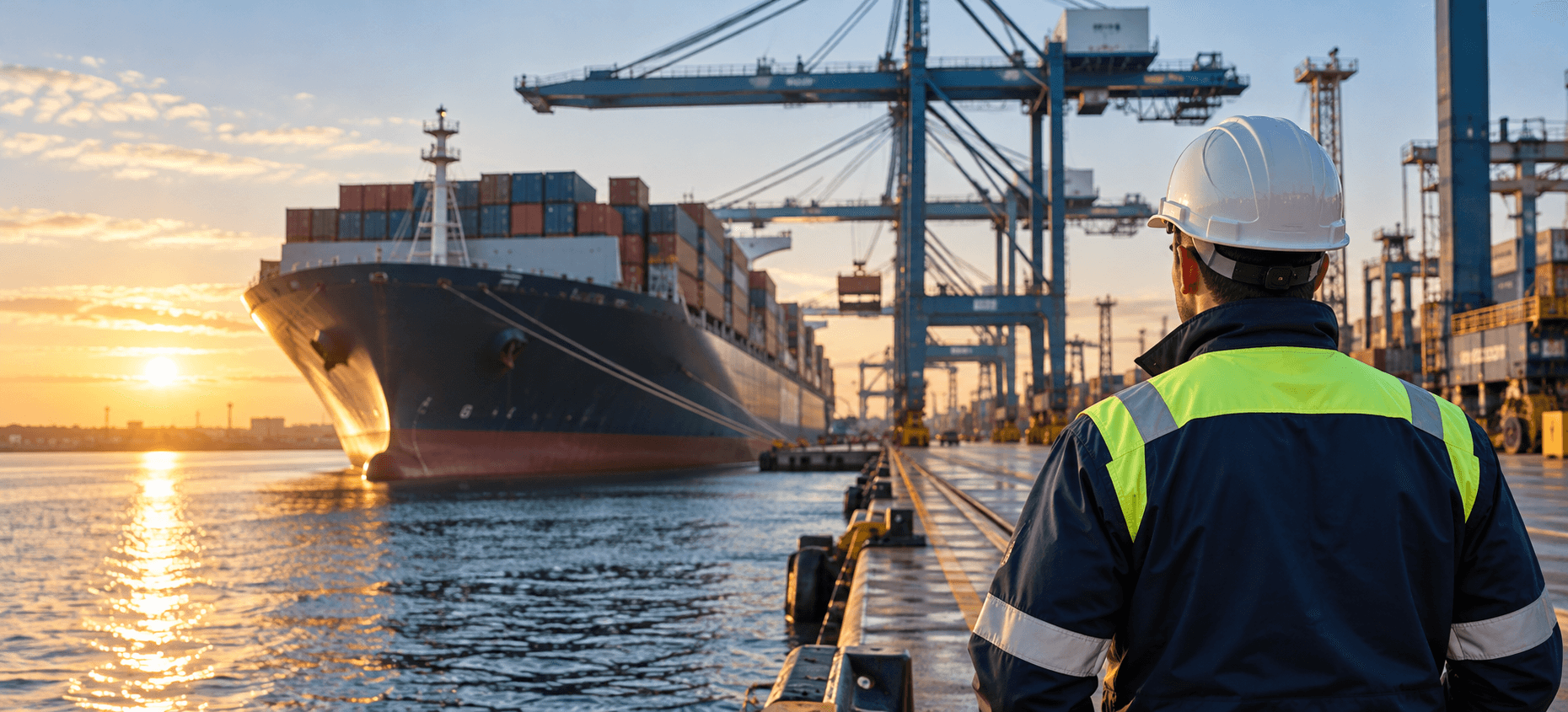 Freight professional overseeing a cargo vessel at port